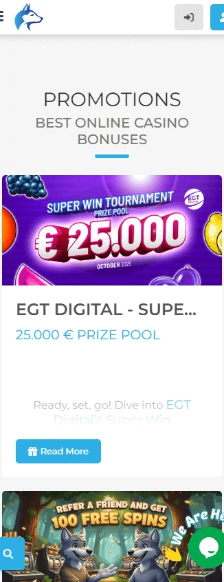 Wolfy Casino promotions interface on a mobile device