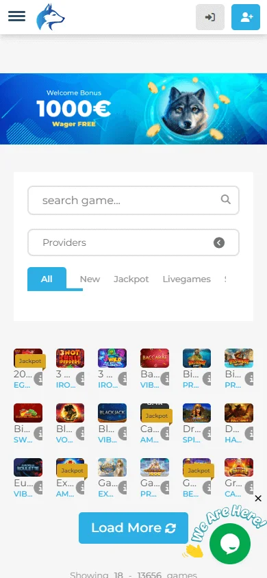 Wolfy Casino games interface on a mobile device