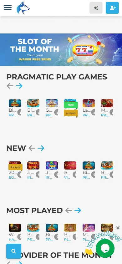 Wolfy Casino home interface on a mobile device