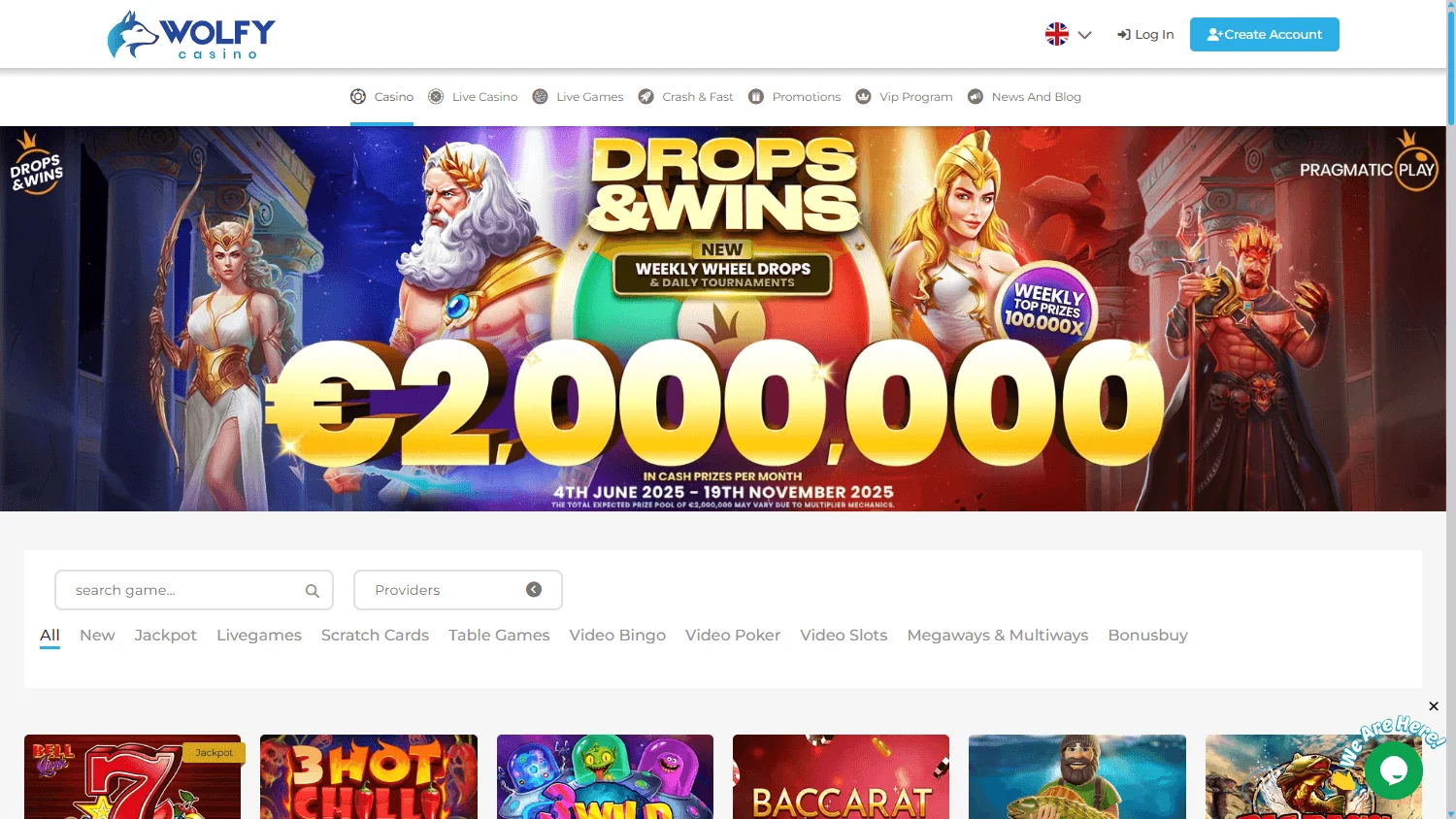 Wolfy Casino games interface on desktop