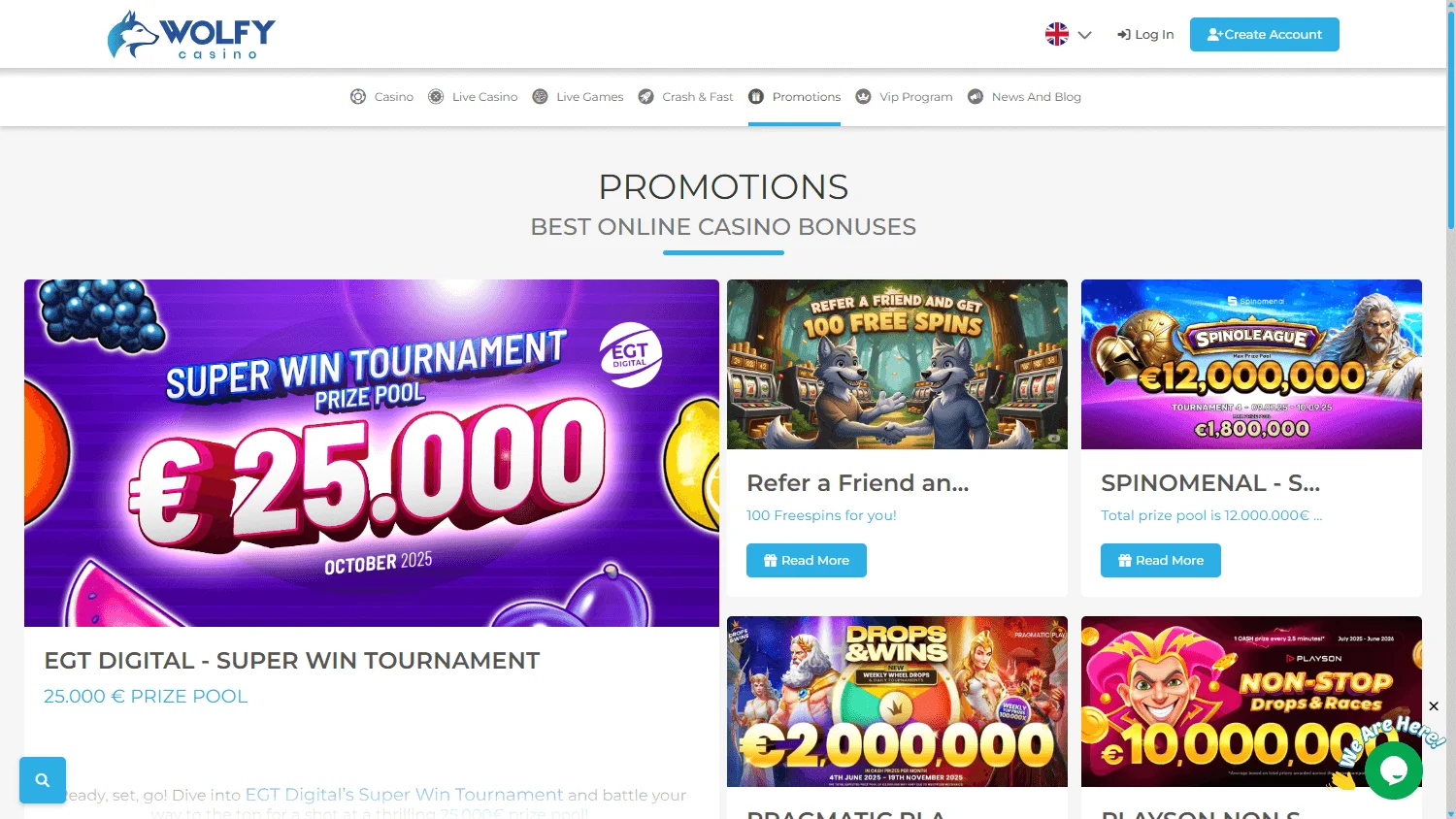 Wolfy Casino promotions interface on desktop
