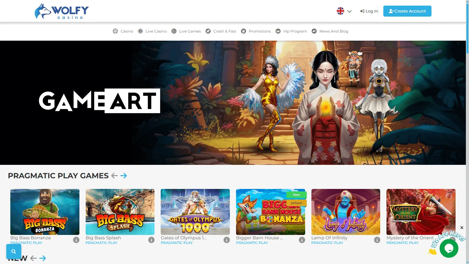 Wolfy Casino home interface on desktop